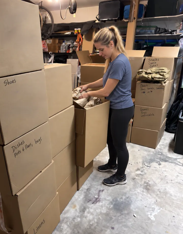 Carefully packing belongings among boxes in a garage