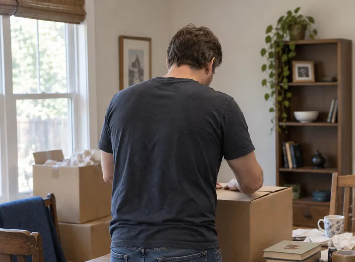 Packing household belongings into a cardboard box