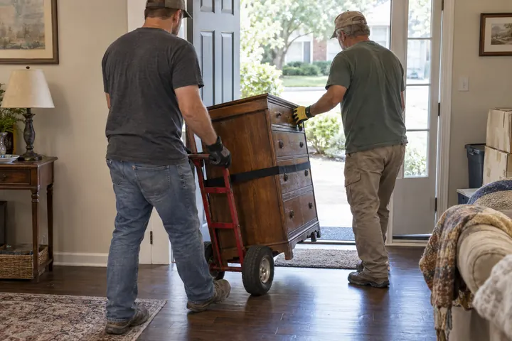 Moving a small dresser out of a property on a hand truck