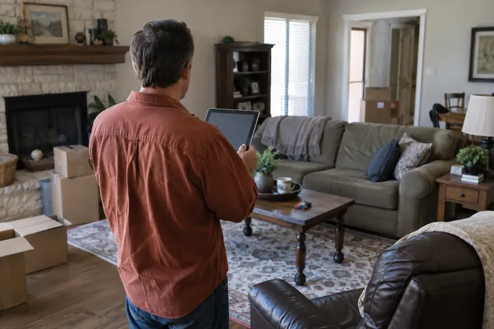 Reviewing a furnished room during a property walkthrough